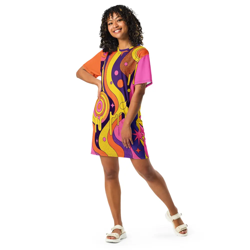 Retro Psychedelic Groovy T-Shirt Dress, 70s Style Abstract Print Short Sleeve Dress, Bold Orange Pink Purple Dress, Oversized Casual Tee Dress, Trendy Statement Dress, Everyday Outfit, Gift for Her
