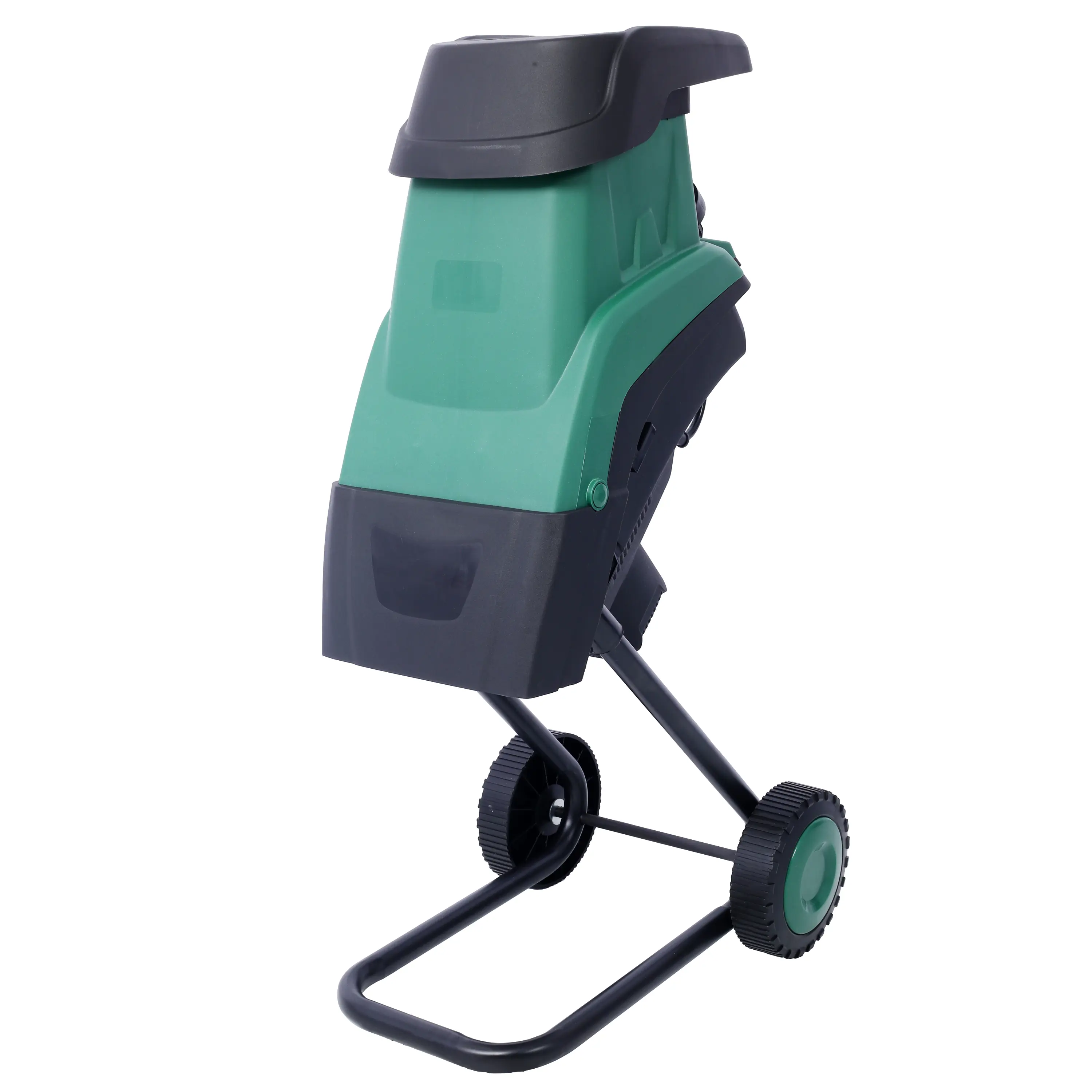 15Amp Power Electric Wood Chipper-Shredder, Portable Garden Specialty Power Tool with Wheels, Specified Chipping Width, 4500rpm Double-Sided Cutting Blade System, Reinforced ABS Collection Bag, Auto Shut-Off for Enhanced Mobility, Green, Good Stability