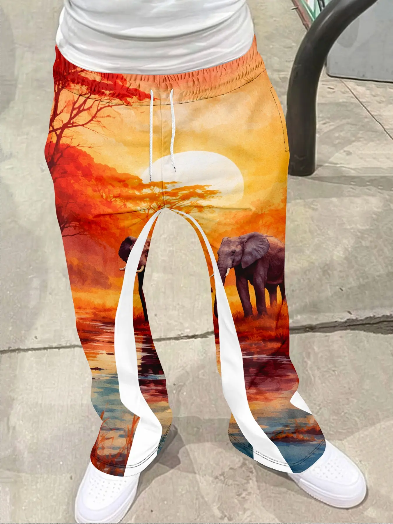 African Safari Elephant Sunset Print Fitted Flared Pants - Wilderness Art Casual Trousers