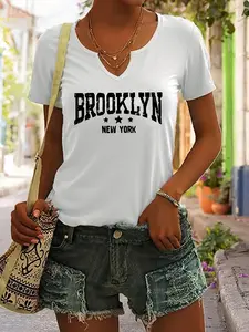 Women's Brooklyn New York Letter Print Fitted T-Shirt, Casual Summer Short Sleeve V Neck Top, Trendy Fashion Women's Clothing