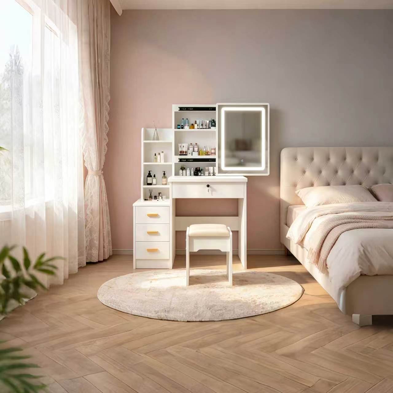 Modern White Vanity Desk with Mirror and Lights 3 Lighting Modes European Style Dressing Table with 4 Drawers & Shelf Makeup Vanity Table for Bedroom Gifts for Girls and Women