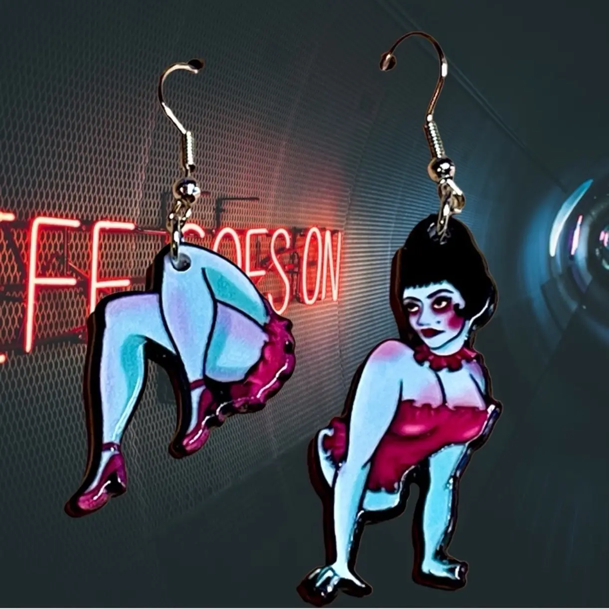 New two part Beetlejuice lady in the office drop earrings