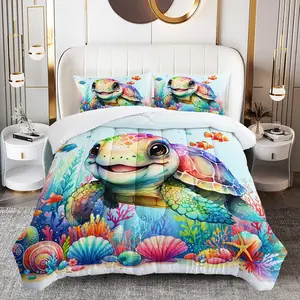 3pcs Turtle Pattern Comforter Set, Ocean Duvet Set for Girls and Adults Bedroom or Guest Room Decor, Lightweight Soft All Seasons Comforter Machine Washable Microfiber Quilt with 2 Pillowcases , Gifts for the Family