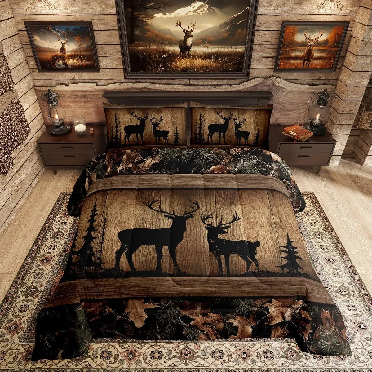 Rustic Cabin Bedding Set,Camo Hunting Deer Comforter Set,Farmhouse Woodland Animal Quilt Comforter for Kids Boys Teen Men,Tree Branches Camouflage Wildlife Bed Duvet Set
