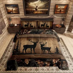 Rustic Cabin Bedding Set,Camo Hunting Deer Comforter Set,Farmhouse Woodland Animal Quilt Comforter for Kids Boys Teen Men,Tree Branches Camouflage Wildlife Bed Duvet Set