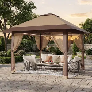 Garvee 13x13 ft Gazebo Canopy Tent with Netting, Heavy Duty Double Roof Pop Up Canopy for Garden, Deck, Lawn - Portable Backyard Shelter, Beige