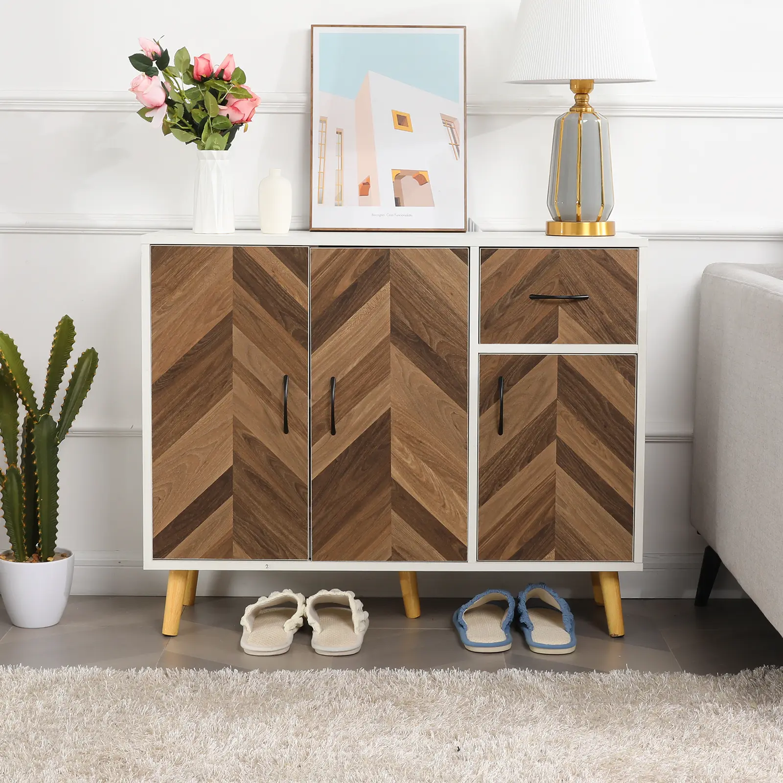 Home Essentials Display & Storage, 35" Display Cases, Sideboard Cabinet with Drawer & 3 Doors, Modern Buffet Cabinet, Narrow Hallway Credenza Storage Cabinet for Living Room, Kitchen, Entryway