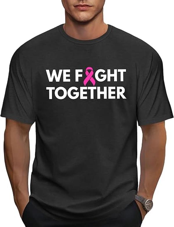 Men's Breast Cancer Awareness Short-Sleeve Round Neck Casual Tee, Soft Breathable Casual Tee with Pink Ribbon Symbol for October Awareness Month