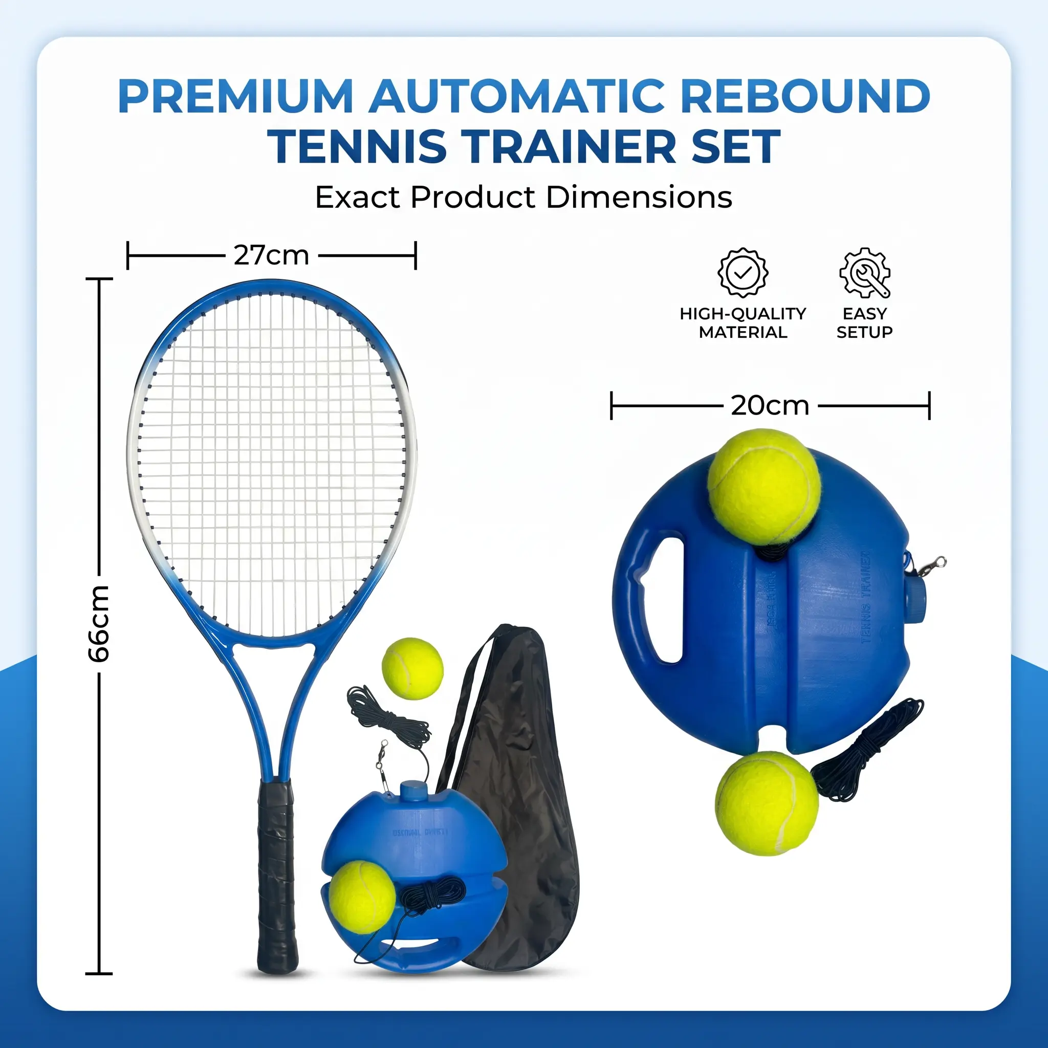 Premium Automatic Rebound Tennis Trainer Set - 66cm Racket, 27cm & 20cm Balls, High-Quality Material, Easy Setup, Includes Bag