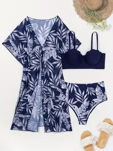 Navy Tropical Leaf Print 3-Piece Swimsuit Set, Scalloped Underwire Bikini with Sheer Kimono Cover-Up, High Waisted Bathing Suit for Women Beach Vacation