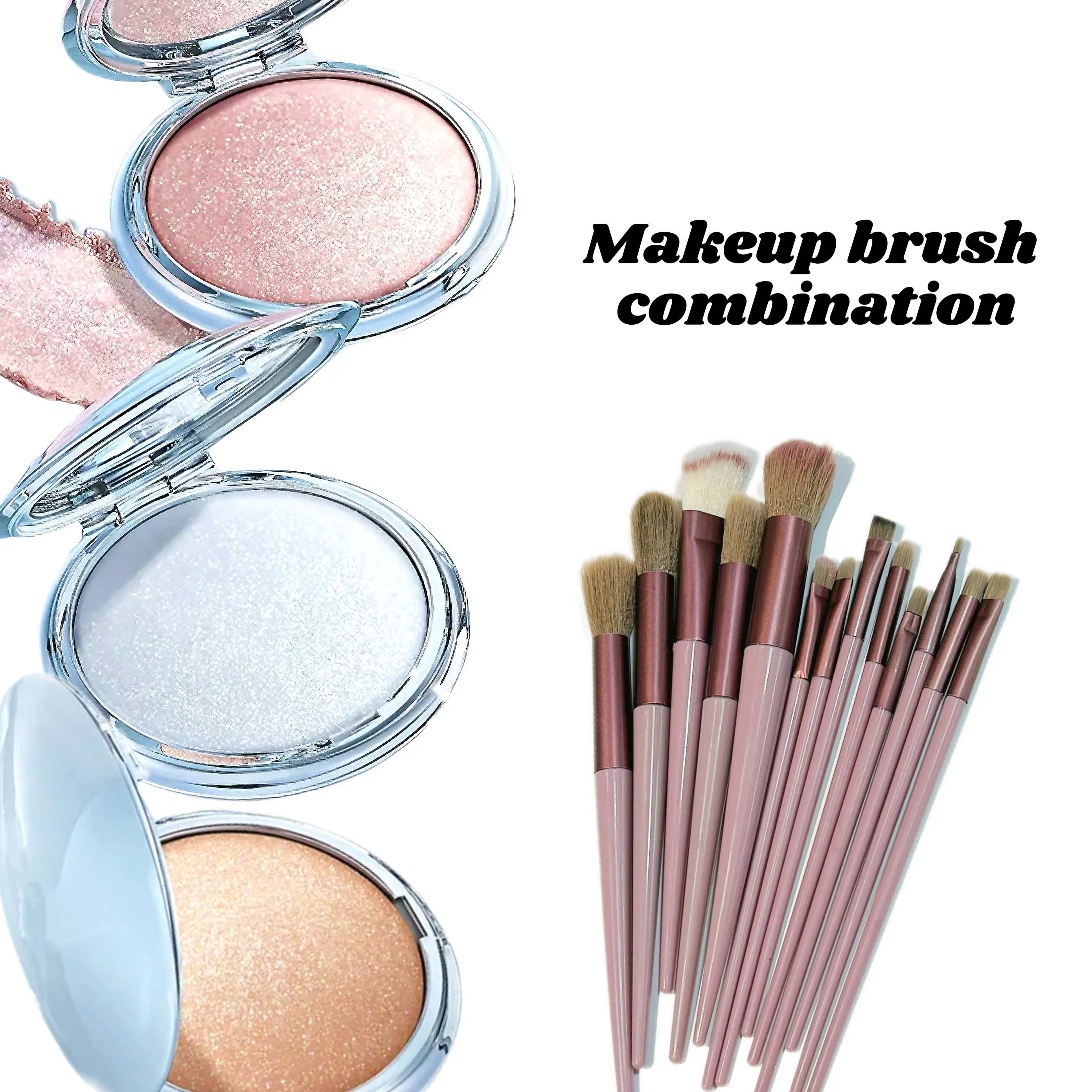 Cosmetic 3-Piece Bronzer & Highlighter Set with 13 Makeup Brushes - Rose Gold Case, Bronzing Diamond Flash, Pearlescent Glow Creamy Formula, Smudge-Proof Longwear, Winter Brightening, Flawless Contouring, All Skin Types