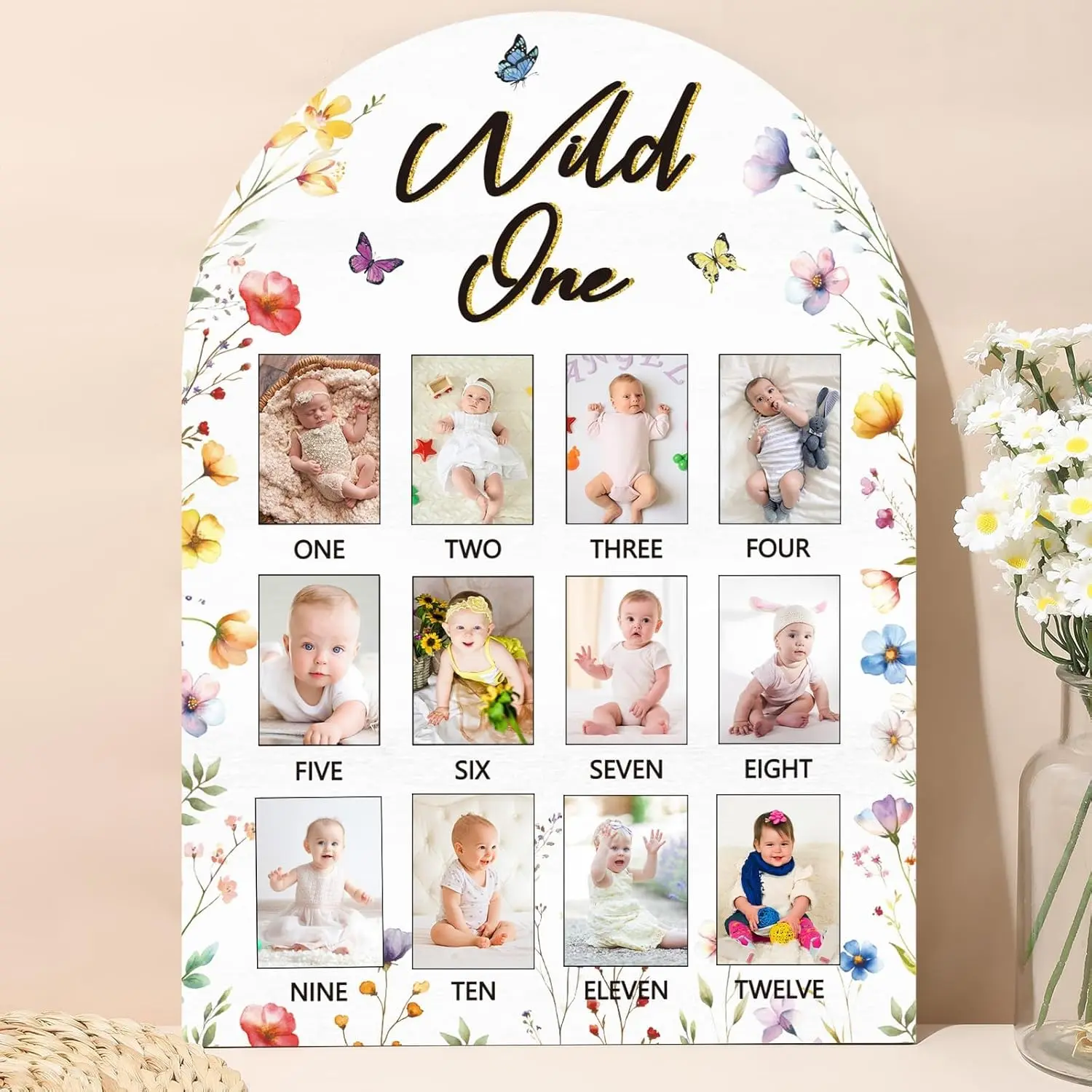 First Year Photo Board Wild Flower Birthday Party Decorations Wooden Board 12 Monthly Milestone Picture Frame Flower 1st Birthday Banner for Baby Girl Keepsake Gift Supply (Fit 2x2.8in Pic)