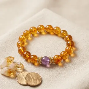 CrestJewels wealth bracelet featuring natural Citrine, Amethyst, and ornate gold caps—a lucky bracelet that attracts wealth, prosperity, and abundance; spiritual protection beaded jewelry crystal bracelet, ideal for gifting.