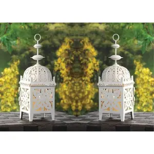 Set of 2 White Filigree Candle Lanterns
