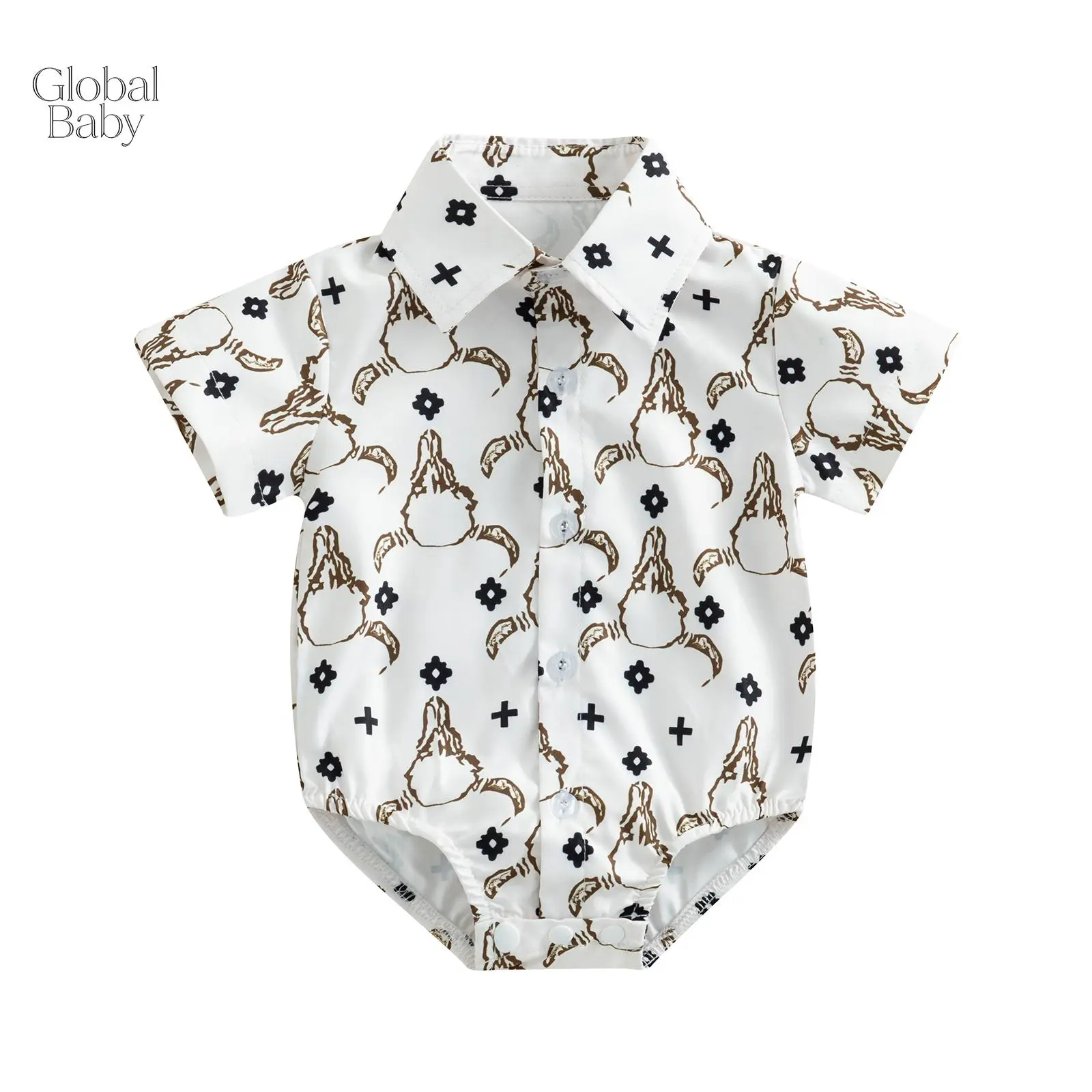 Global Baby Western Baby Shirt Romper, Short Sleeve Graphic Button Up Lapel Bodysuit Newborn Clothes Baby Girls Romper Toddler Girl Kids Children Clothing