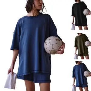 Molitree Women's 2 Piece Oversized Lounge Set 3/4 Sleeve Top Elastic Waist Shorts Cozy Pajama Leisure Outfit Soft Stretch Cotton Fabric