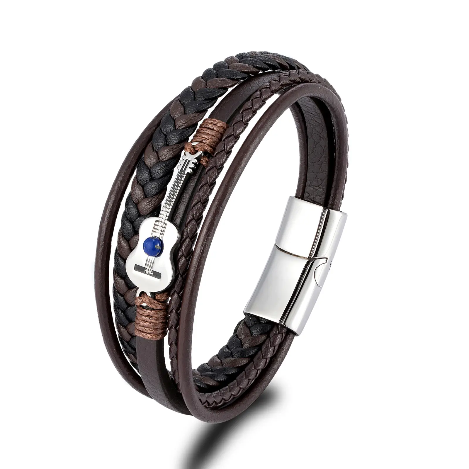 Men's Durable Quality Multilayer Braided Leather Guitar Bracelet - Vintage Music Charm Wristband with Stainless Steel Clasp, Daily Fashion Jewelry Accessory Gift for Men