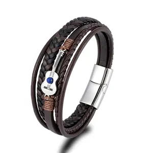 Mens Guitar Leather Bracelet, Multi-Layer Braided Music Jewelry, Guitar Charm Gift for Guitar Players & Music Lovers
