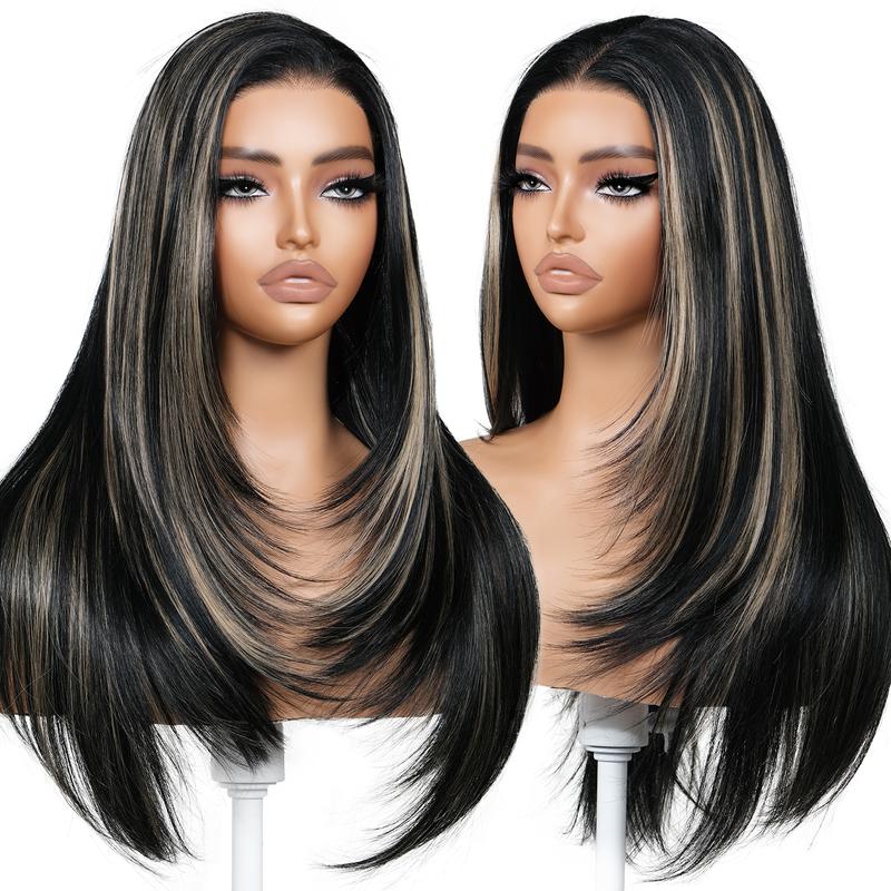 BrownBomb 13x6 Glueless Lace Front Layered Wig 26 Inch Pre Plucked Pre Cut Synthetic Hair 220% Density with Bangs Vivid Self Growing Clean Hairline 3 Second Wear for Daily Use and Wig Night