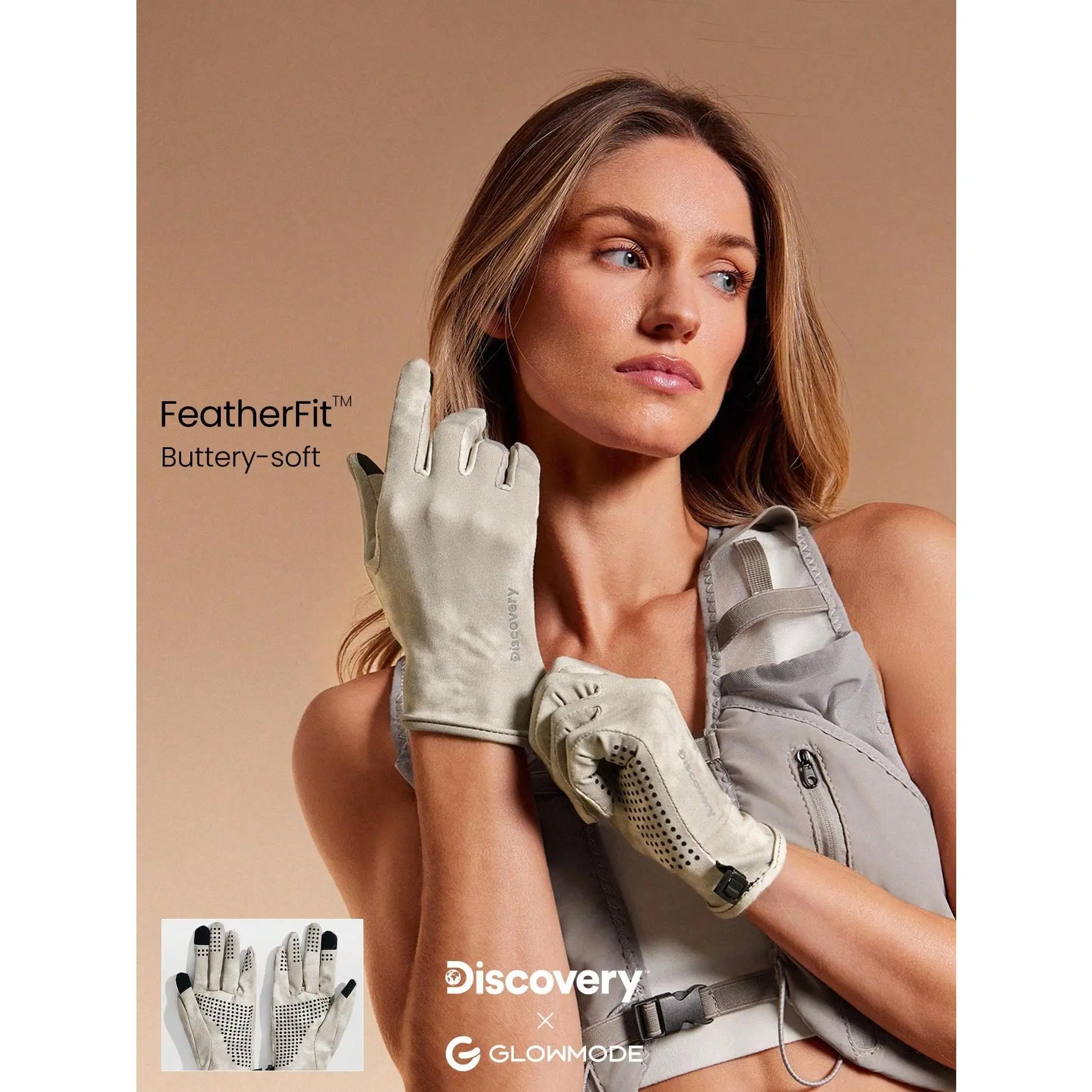 GLOWMODE X Discovery FeatherFit™ Chase The Chill Stretchy Sweat-Wicking Reflective Snap Button Touchscreen-Friendly Silicone Grip Gloves Running Hiking Outdoor Workout Active
