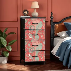Chinoiserie Botanical Floral Coral, Mint Green Bohemian Floral 4-Drawer Dresser
