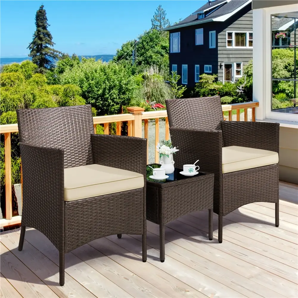 【On Sale】 Yaheetech 3-Piece Patio Furniture Set, Outdoor Rattan Conversation Furniture Set, 2 Chairs with Cushions & 1 Side Table for Bistro/Porch/Gar
