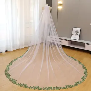 Botanical green leaves bridal wedding veil, Soft tulle ivory bridal veil, Single tier lace wedding veil, Elegant cathedral length garden outdoor wedding veil