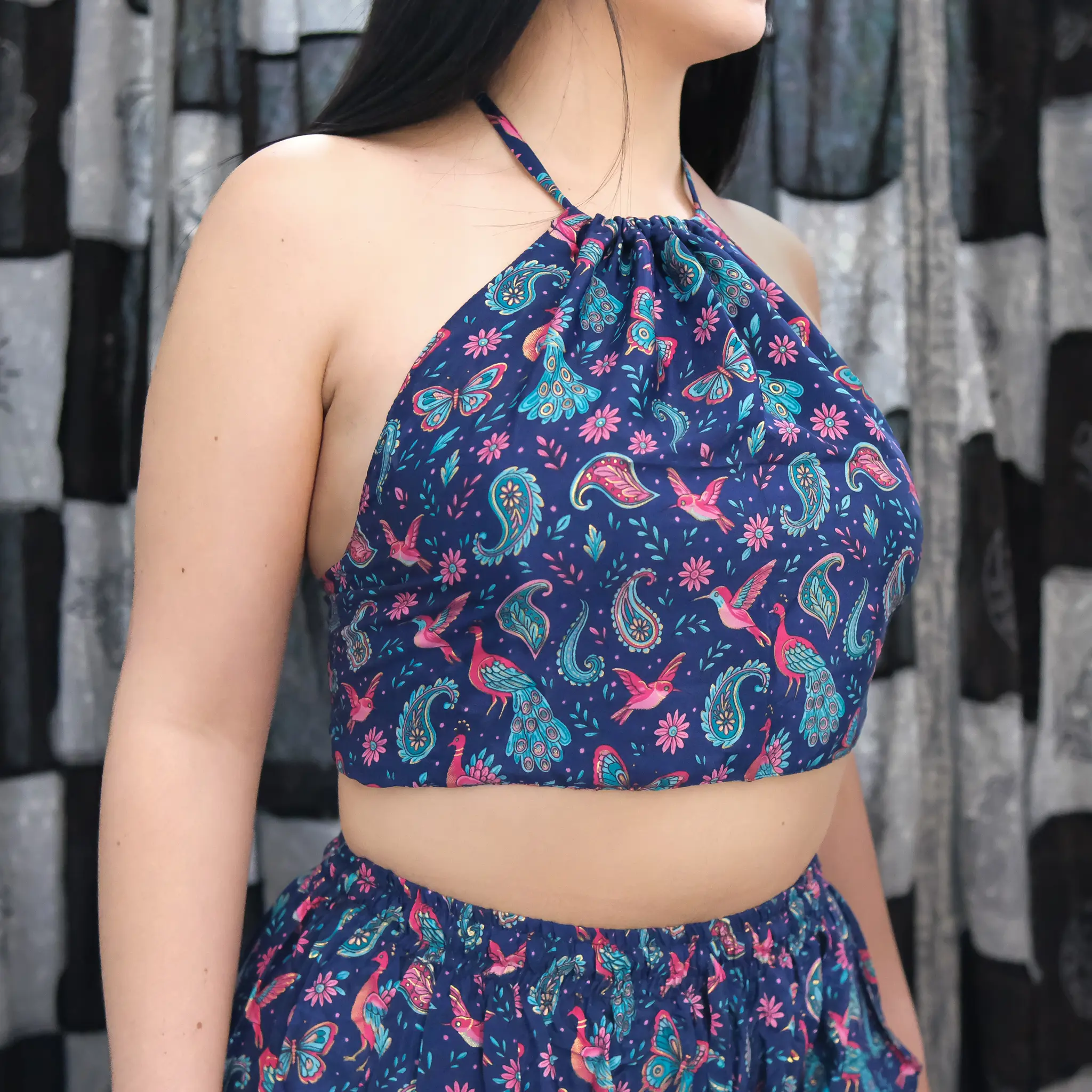 Whimsical Floral Halter Top, Free Spirit Summer Crop Top, Cottage core Boho Tie Top, Backless Whimsy Top