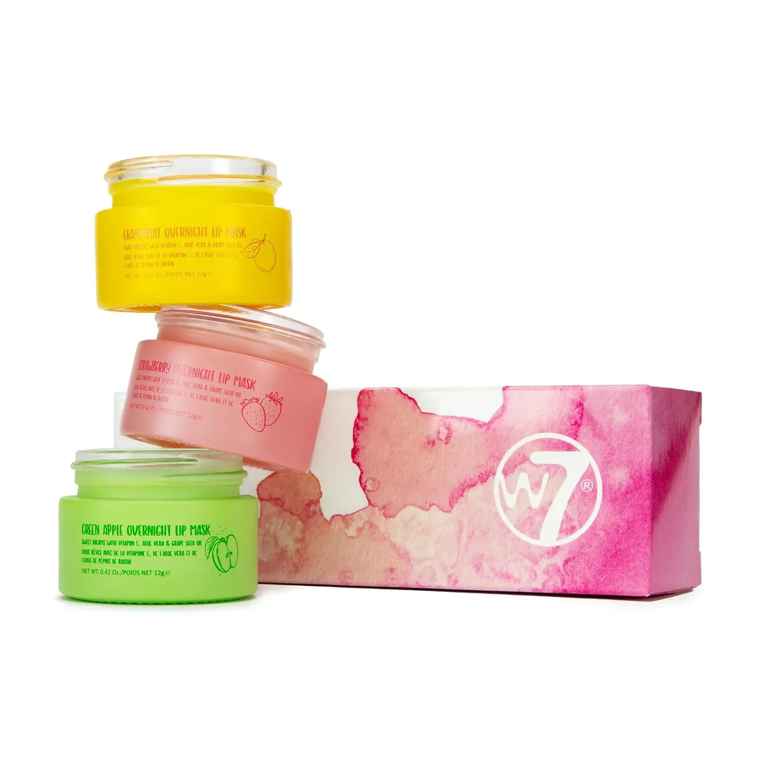 W7 Sweet Dreams Overnight Lip Mask Trio - Strawberry, Apple, Grapefruit | Vitamin E, Aloe Vera and Grape Seed Oil, Hydrating