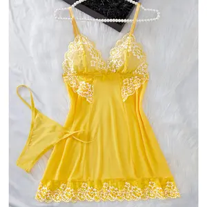 Floral Lace Semi-Transparent Lingerie Set with V-Neck, Bow-Knot Nightgown And Thong, Women'S Sexy Sleepwear Ensemble.