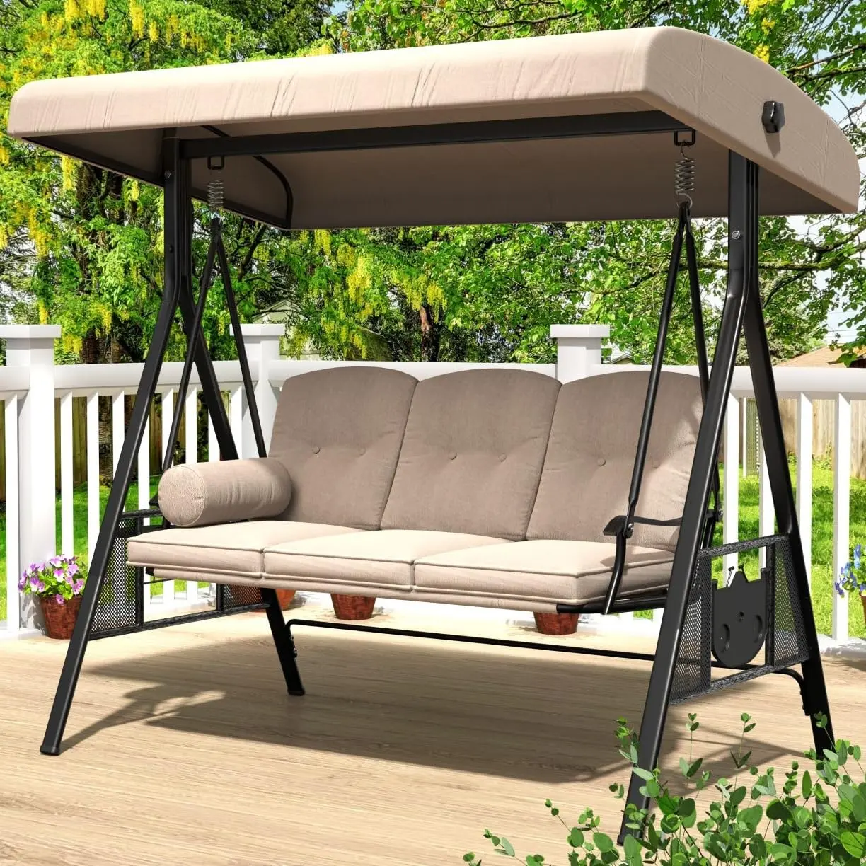 AECOJOY Outdoor Patio Furniture Swing Chair with 3-Seat Adjustable Canopy Removable Cushion Weather-Resistant Frame Anti-Slip Pads for Comfort and Durability