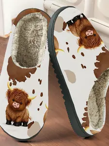 Highland Milk Cow Pattern Cotton Slippers, Soft Cute Farm Style, Plush Lined Anti-Slip Thick Sole, Home Animal Lover Autumn Winter Warm Shoes, House Shoes, Fuzzy Warm Slippers