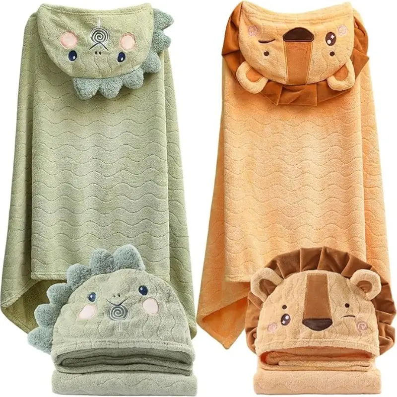 Cartoon Embroidered Hooded Shower Towels, Cute Animal Shape, Super Soft, Strong Absorbency, Quick Dry, No Shedding, Suitable for 0-6 Years, Hooded Bath Towels for Babies