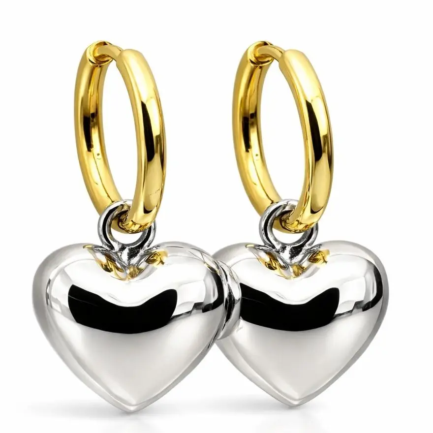 Mixed Metal Puffy Heart Hoop Earrings, Waterproof Stainless Steel Costume Jewelry