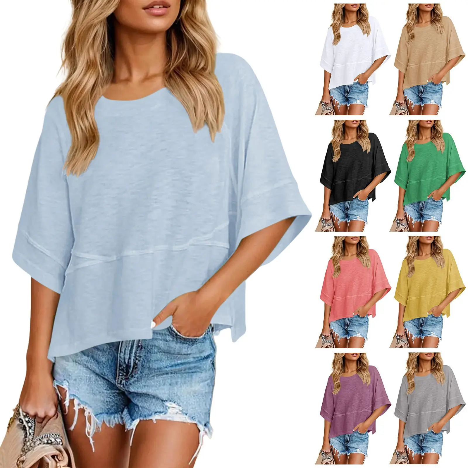 Czanzd Women's Chiffon Shirts - Dressy Cute 3/4 Sleeves Batwing Cut Round Neck Loose-Fit Solid Color Flowy Casual Tops for Spring-Summer