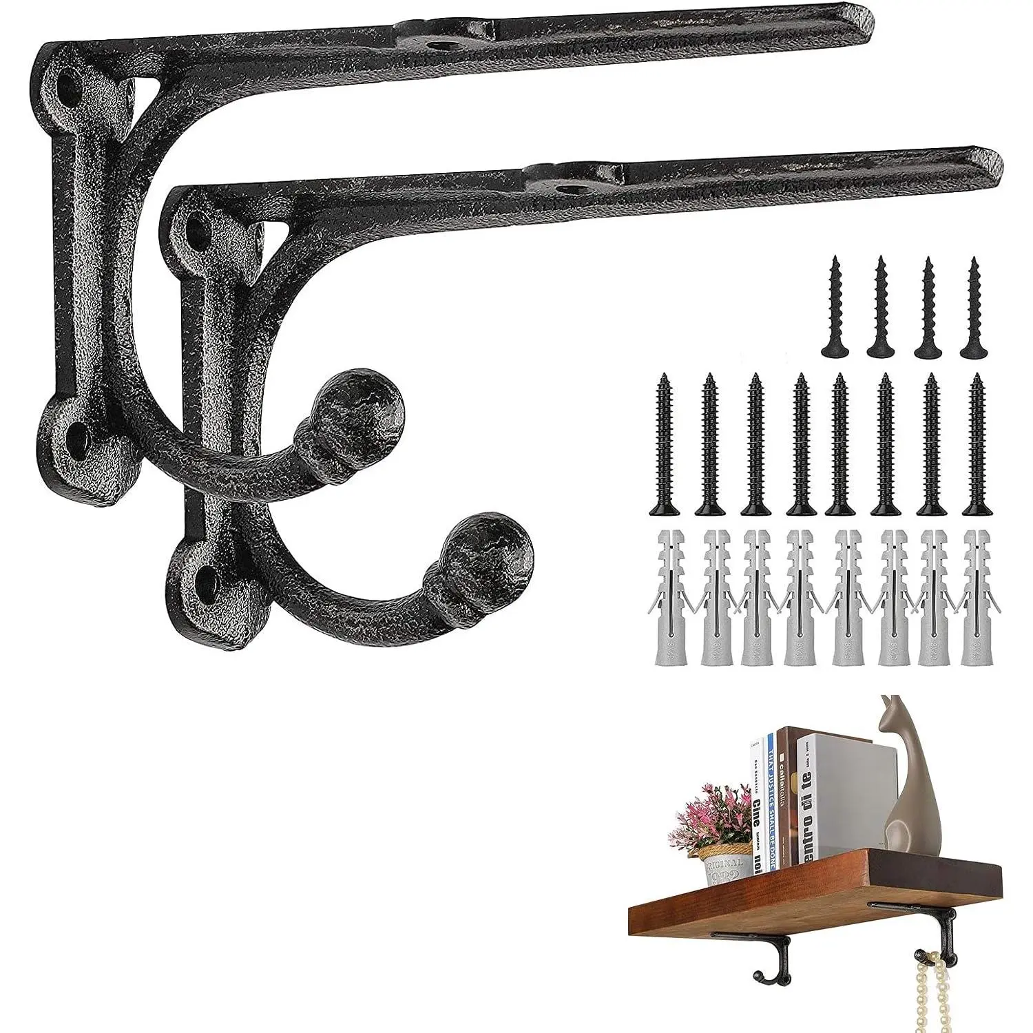 Rustic Shelf Brackets & Supports, Black Shelf Bracket with Hook, Cast Iron Wall Shelf Brackets, Heavy Duty Brackets for  Shelves, 6 Inch 2 Pack