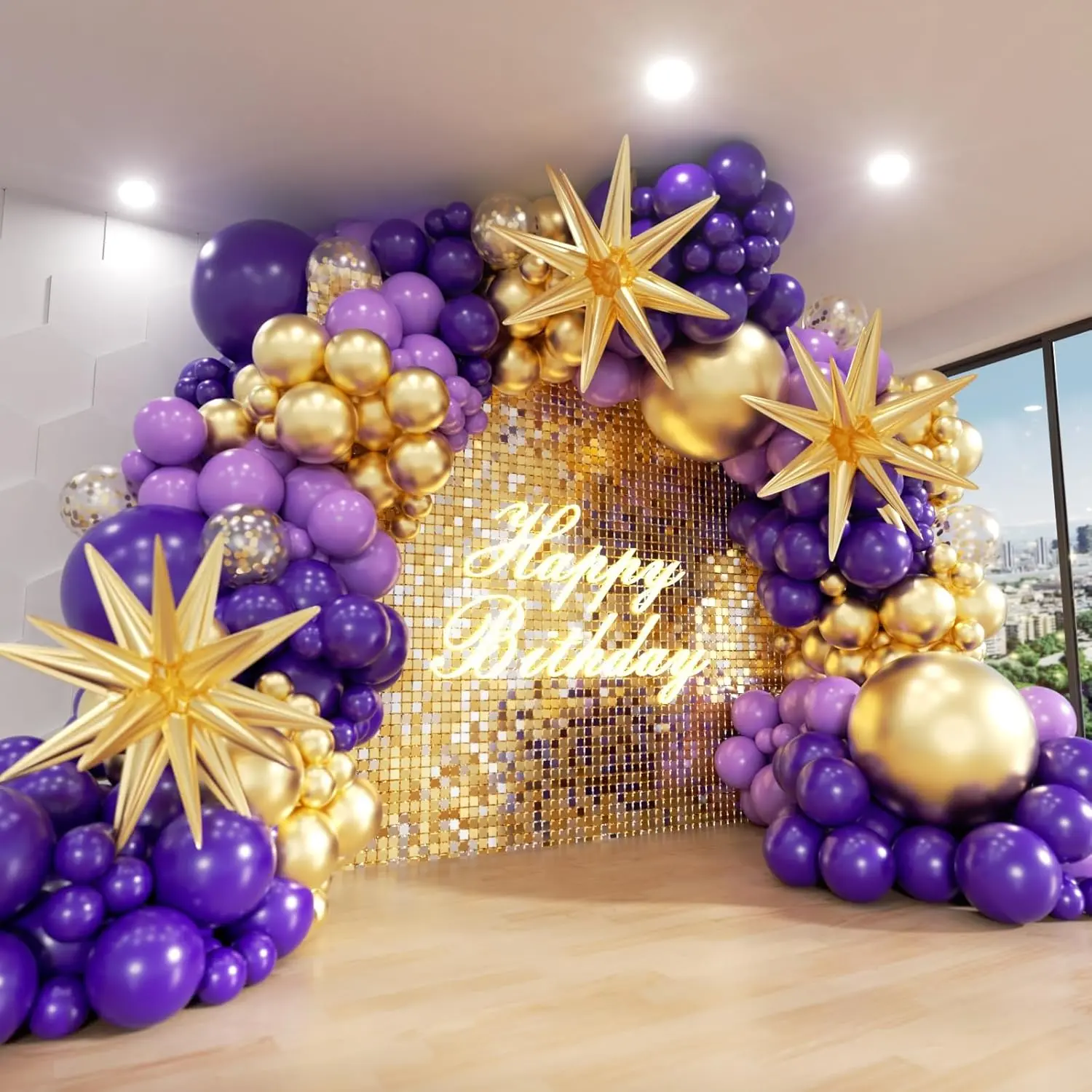 Purple and Gold Balloon Arch Kit, 162Pcs Dark Purple Gold with Stars Balloon Garland kit, Different Size Balloons for Birthday Shower Anniversary Adults Prom Luxury Party Decorations
