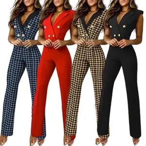 Mi Qi Qi Women's V-Neck Sleeveless Houndstooth Jumpsuit with Color Block Twist Button Professional Wear 2022 European American New Hot-Selling
