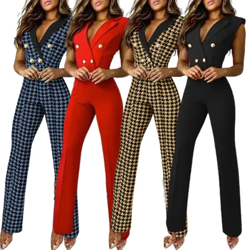 Mi Qi Qi Women's V-Neck Sleeveless Houndstooth Jumpsuit with Color Block Twist Button Professional Wear 2022 European American New Hot-Selling