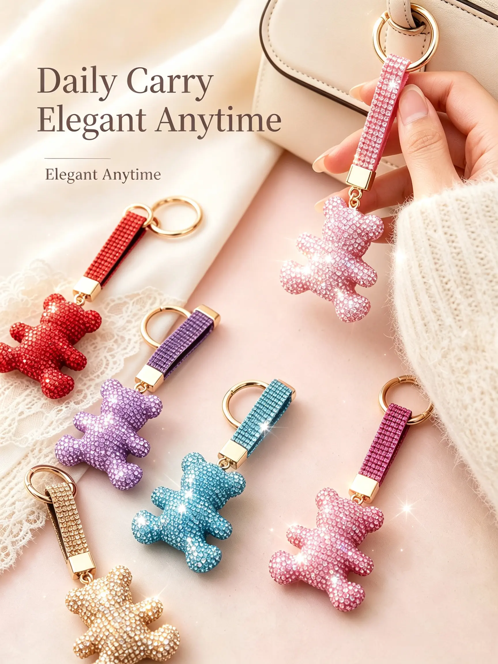 Cute Cartoon Bear Keychain with Full Rhinestones, Premium Handmade Ceramic Clay Pendant, Delicate Decor Charm for Cell Phones, Car Keys, Backpacks & Handbags