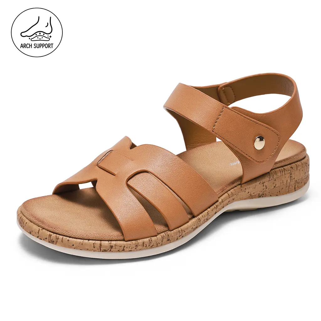 Littleplum Women's Plain PU Leather Flat Sandals with Padded Arch Support and Ankle Strap, Lightweight Casual Daily Footwear, Fashionable Flat Sandals, Open Toe, H-Band, Buckle Strap, All Seasons, Low Wedge, Holiday, Rubber, Casual Comfy Sandals