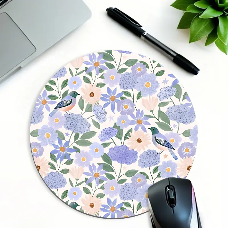 Purple Lavender Gaming Mouse Pad Charming Bird and Blossom Small Round Mouse Pads Elegant Natural Motifs Desk Pad Non-Slip Rubber Base for Office Work and Home Desktop Decor Ideal Gift for Friends