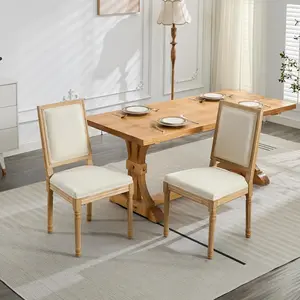 Farmhouse Dining Chairs Set of 2, Fabric French Distressed Bedroom Chairs with Rectangle Back/Distressed Wood Upholstered Vintage Side Chairs for Kitchen/Restaurant,comfort chair
