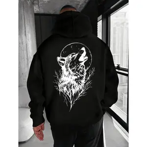 Men'S Wolf Print Hoodie with Drawstring & Kangaroo Pocket - Cozy Casual Pullover Sweatshirt, Black with White Wolf Design, All-Season Comfort, Everyday Comfort Apparel | Stylish Hooded Sweatshirt | Drawstring Hooded Sweatshirt