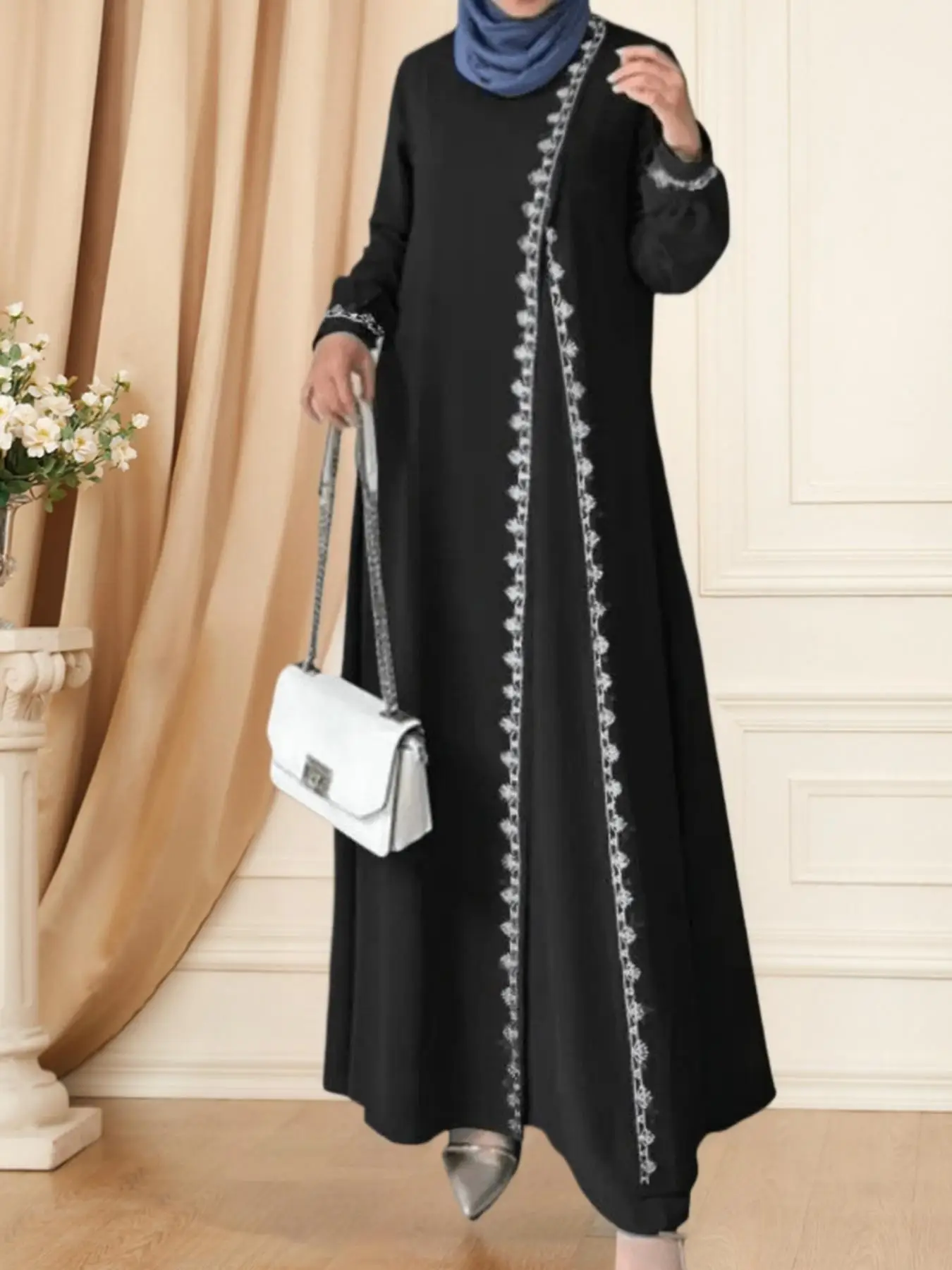 Women's Floral Embroidery Long Sleeve Dress, Modest Casual Round Neck Long Dress for Daily Wear, Ladies Clothes for All Seasons