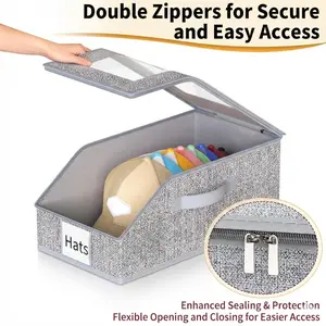 Stackable Hat Organizer for Baseball Caps, Large Capacity Hat Storage Box with Clear Window Lid, Holds Up to 45 Caps, Foldable Cap Organizer for Closet & Shelf, Grey