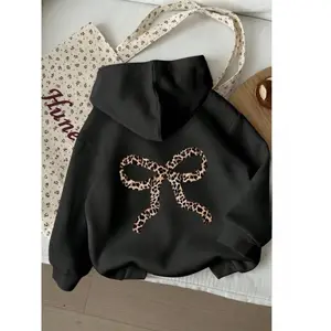 Women's Leopard Print Bow Hoodie, Casual Loose-Fit Drawstring Pocket Sweatshirt, Fall & Winter Fashion, Daily Outdoor Wear