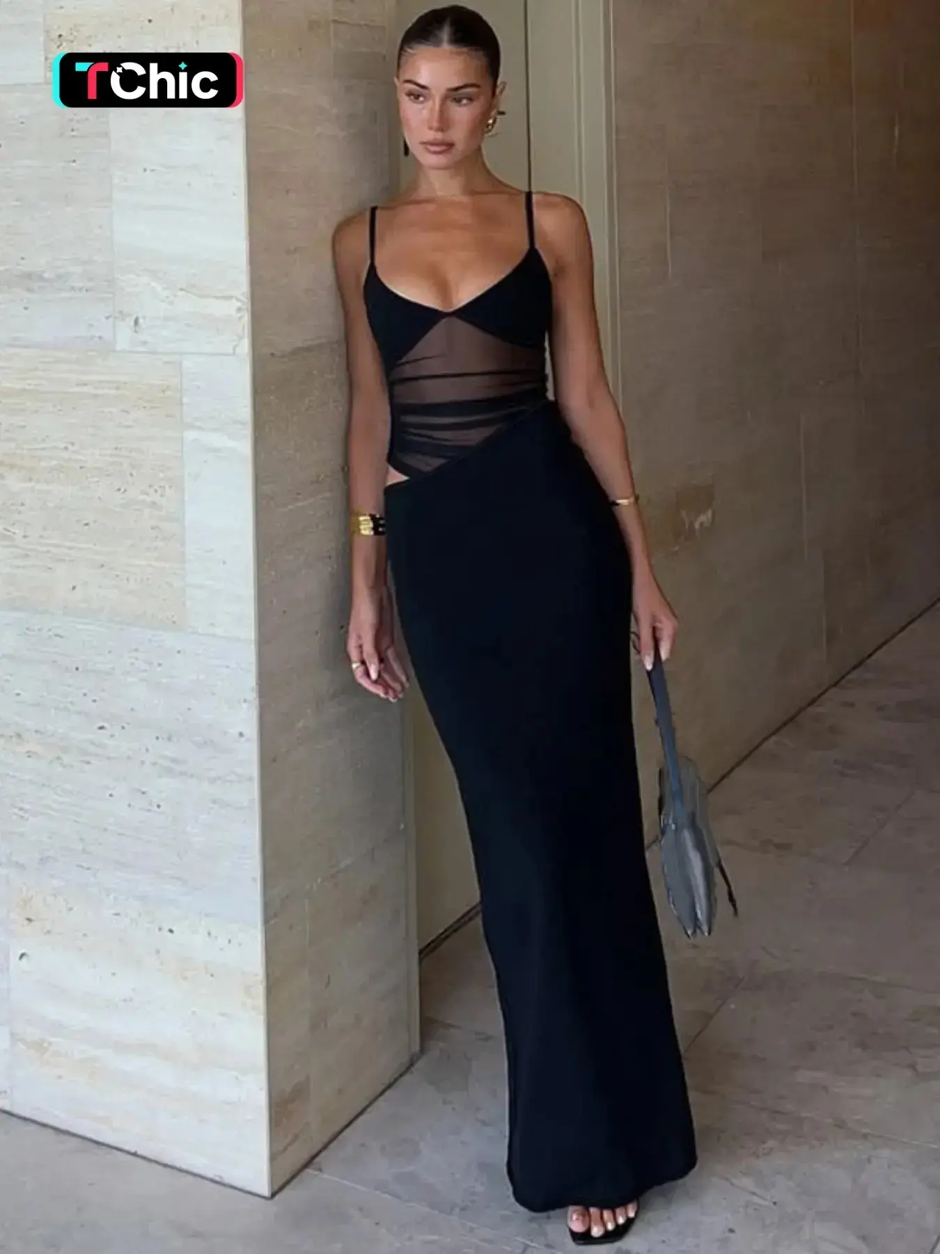 Women's Cut Out Sheer Mesh Cami Dress, Womenswear Sexy Chic Statement Sleeveless Spaghetti Strap Dress for Party Club Dating Wear, Ladies Summer Clothes