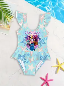 Girls' one-piece swimsuit "Cute Starfish Style" features a light blue base with all-over starfish prints and flutter sleeves with ruffled edges. It's lovely and refreshing, perfectly enhancing the ambiance for summer pool or beach outfits~