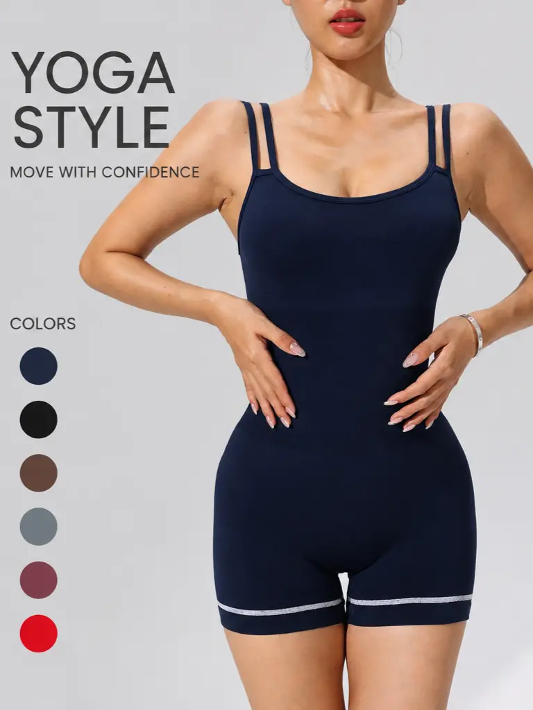Women's Contrast Trim Athletic Jumpsuit, Open Back Seamless Knitting Romper with Spaghetti Straps, Female Workout Gear, Sporty Yoga Jumpsuit, Gym, Above Knee, Jumpsuits For Women